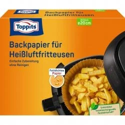 Abbildung von Toppits Backmatte 120 Stück Backpapier für Heißluftfritteusen Ø20 cm fettdicht antihaft, die Heißluftfritteuse