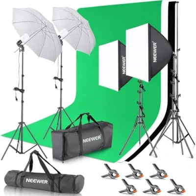 Abbildung von NEEWER Fotostudio Set mit Hintergrund Fotografie: 8,5ftx10ft Hintergrundsystem, 800W äquivalente 5700K LED Schirm und Softbox, Studiolicht Green Screen Hintergründen für Porträt Produktfotografie