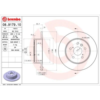 Abbildung von BREMBO 08.9179.10 Bremsscheibe 288 10 5 voll TOYOTA: Camry V Limousine, IV III Kombi, LEXUS: RX I