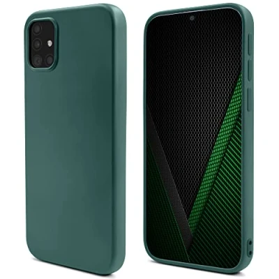 Abbildung von Moozy Lifestyle. Hülle für Samsung A51, Dunkelgrün Silikon Handyhülle Schutzhülle mit Mattem Finish und Weichem Mikrofaserfutter