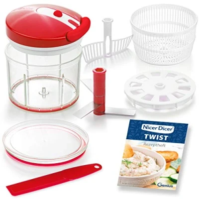 Abbildung von Genius Gemüsehobel Nicer Dicer Twist 9 tlg. Gemüseschneider, (Set, Zwiebelschneider Universal Zerkleiner), Salatschleuder Sieb mit Seilzug Fassungsvermögen 1000 ml