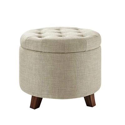 Abbildung von Amazon Basics Rund Leinen gepolsterter und getufteter Polsterhocker mit Aufbewahrungsmöglichkeit, Fußhocker, 43 cm hoch, Jute Beige