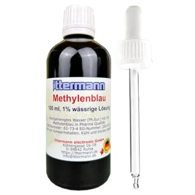 Abbildung von Ittermann Methylenblau, 1%, 100 ml Fertiglösung aus hochgereinigtem Wasser (Ph.Eur.) und 1% Methylenblau (reinst USP Pharmaqualität) Braunglasflasche zusätzlich Glas Pipette Made in Germany