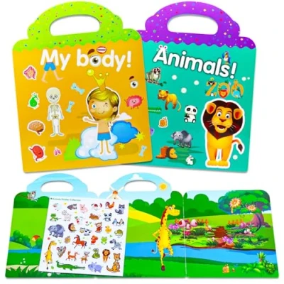 Abbildung von Wiederverwendbare Sticker Kinder 2 Pack Mein Körper und Tiere, Stickerbuch ab Jahre, Set mit Kreative Spiel Szene Aufkleber Illustrationen, Stickerheft für Junge Mädchen