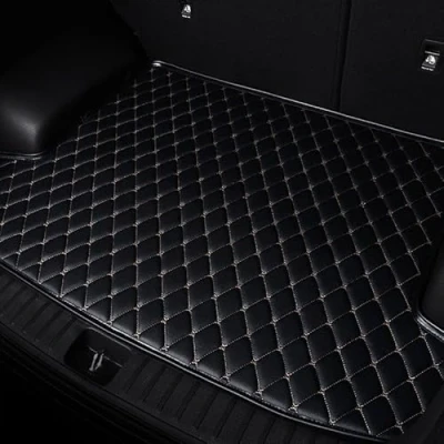 Abbildung von Leder Kofferraummatten für Cupra Tavascan TCR, Individueller Kofferraumschutz wasserdichte Allwettereinlagen, Autozubehör, Car Boot Mats,2 Black beige