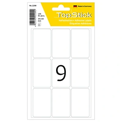 Abbildung von TopStick 2209 Vielzweck Etiketten, 135 Stück, 34 x 53 mm, 9 pro Bogen, selbstklebend, Haushaltsetiketten zum Beschriften, matt, blanko Papier Klebeetiketten Aufkleber, weiß