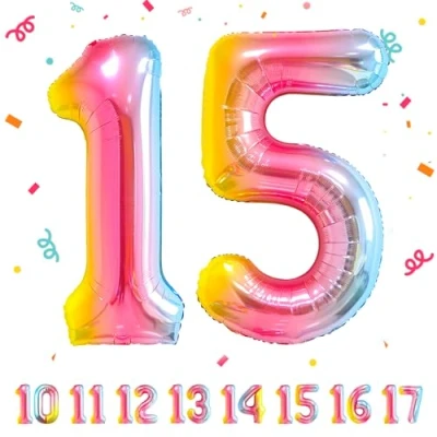 Abbildung von 15 Geburtstag Deko zahlen luftballon jahre Folienballon Regenbogen für 15. Geburtstagsdeko Männer Frauen Ballon Zahl zum fliegt mit Helium 15.Geburtstagsparty 40&quot; 101cm
