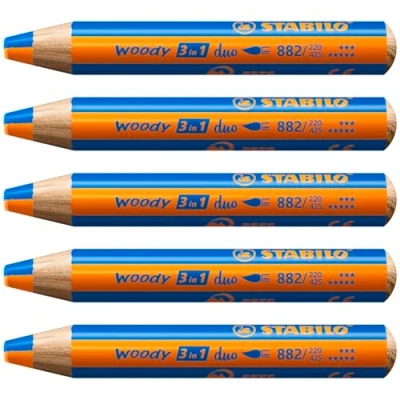 Abbildung von duo Buntstift, Wasserfarbe &amp; Wachsmalkreide STABILO woody 3 in 1 zweifarbige Mine 5er Pack orange/mittelblau