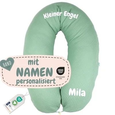 Abbildung von sei Design XXL Stillkissen Seitenschläferkissen Musselin Bezug personalisiert mit Namen Geburtsdatum: personalisierte Geschenke zum Geburt Baby Geschenk für Junge oder Mädchen