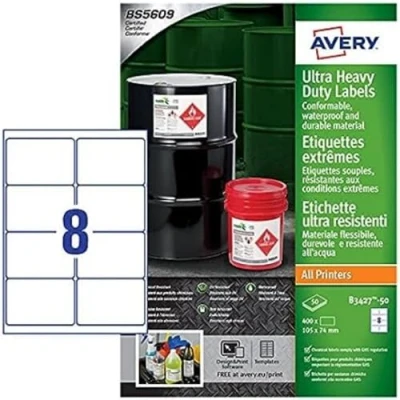 Abbildung von Avery B342750 A4 Ultra robuste Wasserdicht GHS Etiketten, bs5609 zertifiziert, für alle Drucker, 105 x 74 mm, weiß