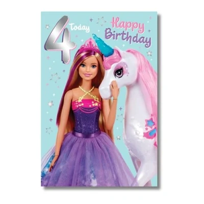 Abbildung von Danilo Promotions Limited Barbie Geburtstagskarte zum 4. Geburtstag, offizielle Karte Happy Birthday Alter 4, mehrfarbig, 17,8 x 15,2 cm