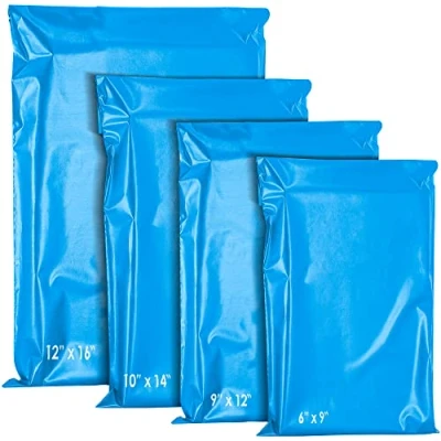 Abbildung von YUNJU 60 gemischte Versandtaschen aus Kunststoff, selbstverschließend, für Kleidung, Post, Verpackung, Versandtaschen, gehärtet, sichere mittelgroße Verschiedene Größen, blau, 4 Size