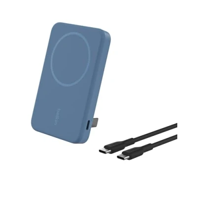 Abbildung von Belkin BoostCharge Pro kabellose powerbank 5000mAh mit Qi2, MagSafe kompatibles tragbares Ladegerät integriertem Ständer, magnetische für iPhone 16, 15, 14, 13, 12 usw. Blau