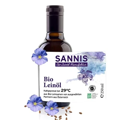 Abbildung von Sannis Bio Leinöl extra nativ 250 ml I Leinsamenöl aus kontrolliert biologischem Anbau kaltgepresst &amp; ungefiltert reich an Omega 3 Fettsäuren nussig milder Geschmack ideal für Salat Joghurt