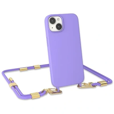 Abbildung von EAZY CASE Handykette Silikon mit Clips 2 in 1 kompatibel iPhone 14 Handyhülle Umhängeband, Handykordel Silikon, Hülle Band, Kette für Smartphone, Lila Gold