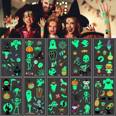Abbildung von Halloween Leuchtende Tattoo Aufkleber, Kinder,Leuchten im Dunkeln Temporäre Tattoos Dekoration/Halloween Geschenk Kinder/Halloween Mitgebsel