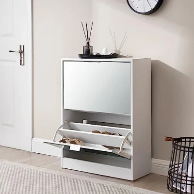 Abbildung von en.casa Schuhschrank »Kragerø« Schuhkipper mit 2 Klappen Weiß 80x60x24cm