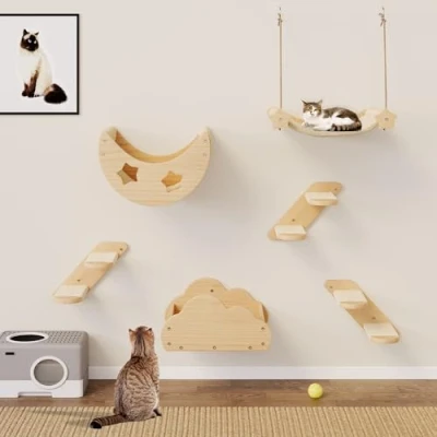 Abbildung von YITAHOME Katzen Kletterwand, Kletterwand Set aus Massivholz, 6 Teiliges Stabiler Katzenmöbel mit 3 Katzentreppe, 2 Katzenbett, 1 Flanell Katzenhängematte für Katze Schlafen Spielen Lounging
