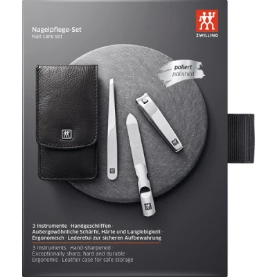 Abbildung von ZWILLING Maniküreset (3 Teilig, Nagelpflege und Pediküre, Echt Leder Etui, mit Nagelknipser), Edelstahl Poliert, Schwarz
