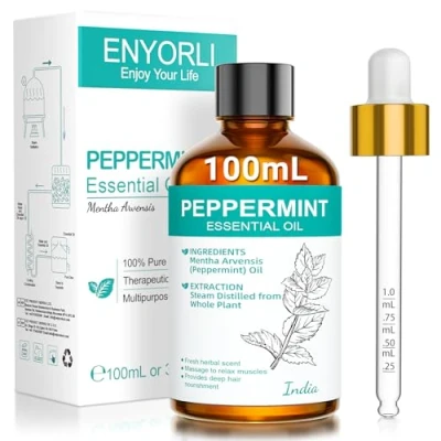 Abbildung von ENYORLI Ätherisches Pfefferminzöl 100ml Reines für Haut, Gesicht, Haare, Aromatherapie, Diffusoren, Kerzenherstellung, Massage, Hauspflege, äußere Anwendung mit Pipette