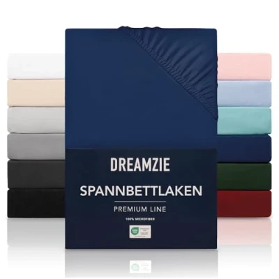 Abbildung von Dreamzie Spannbetttlaken 180x200 cm Hoher Steg bis 33 100% Mikrofaser Dunkelblau Schadstoffgeprüft (Oeko TEX), Bettlaken mit Gummizug