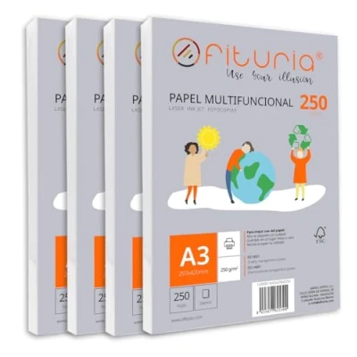 Abbildung von Packung mit 1000 weißen DIN A3 Blättern, 250g Druckerpapier. Multifunktionales Kopierpapier für Schule und Büro. Ideal Laserdrucker, Tintenstrahldrucker oder Kopierer Ofituria