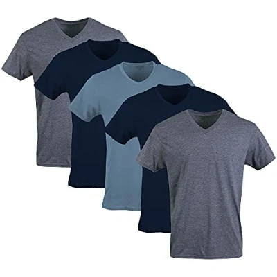 Abbildung von Gildan Herren T Shirts mit V Ausschnitt, Multipack, Stil G1103 Unterwäsche, Marineblau/Heather Navy/Indigo Blue (5er Pack), L