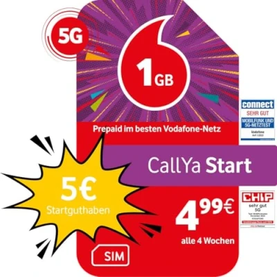 Abbildung von Vodafone Prepaid CallYa Start 1 GB 5 EUR Startguthaben ohne Vertrag 5G Netz 100 Min/SMS EU Roaming