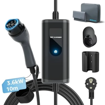 Abbildung von bokman Typ 2 Schuko EV Ladegerät, 10 Meter 16A 3,68kW IP65 Wasserdicht, Tragbares Ladegerät für IEC 62196 mit Tragetasche &amp; Mikrofaserhandtuch
