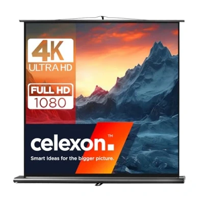 Abbildung von 65&quot; Zoll Pull Up Leinwand celexon Ultramobil Professional 1:1 120x120 cm schwarz 4K Full HD 3D transportable Beamer zum ausziehen &amp; aufstellen inkl. Tragegriff + Teleskopstange