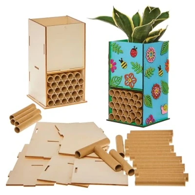 Abbildung von Baker Ross FX944 Holz Insektenhotel und Blumentopf Bastelsets Packung mit 2, Garten für Kinder
