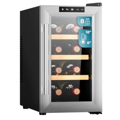 Abbildung von Cecotec Weinregal 8 Flaschen Bolero GrandSommelier 830 CoolWood, Thermoelektrisch, Geräuscharm und hohe Leistung, Einstellbare Temperatur: 18ºC, Touch Steuerfeld, Anzeigen, Eco friendly.