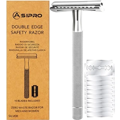 Abbildung von ASIPRO Rasierhobel Herren und Damen mit 10 Rasierklingen Set Zero Waste Plastikfreier Metall Rasierer Frauen Edelstahl Safety Razor Nassrasierer Klingen