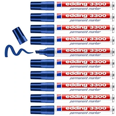 Abbildung von edding 3300 Permanentmarker blau 10 Stifte Keil Spitze 1 5 mm schnell trocknender Permanent Marker wasserfest, wischfest für Karton, Kunststoff, Holz, Metall Universalmarker