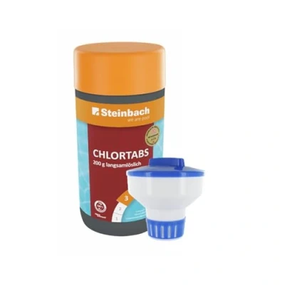 Abbildung von Steinbach Poolpflege Set Chlordosierschwimmer Maxi Ø 17 cm &amp; Chlortabs 200 g, 1 kg für Dauerdosierung Verstellbarer Dosierregler Pools Salzwasser geeignet platzsparend faltbar