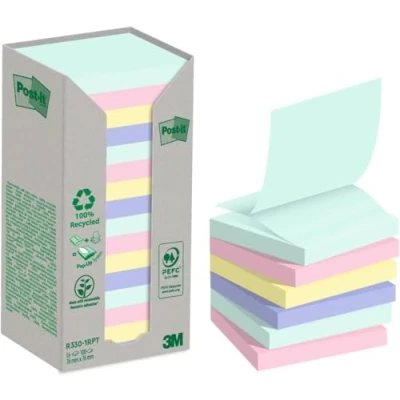 Abbildung von Post it Recycling Notes, Assortierte Farben, Packung mit 16 Blöcken, 100 Blatt pro Block, 76 mm x mm, Farben: Grün, Pink, Blau, Gelb Selbstklebende Notizzettel aus 100% Recyclingpapier