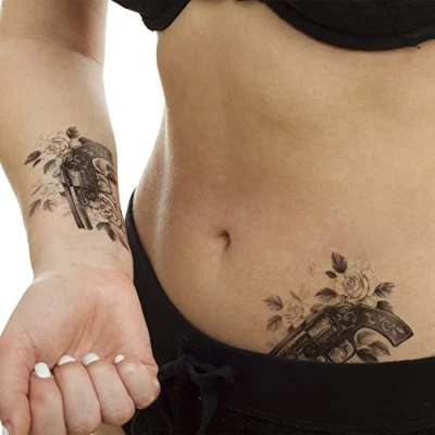 Abbildung von 2 x Revolver Tattoo mit Rosen in schwarz Zweifache Ausführung Temporary Body TBS8319 (2)