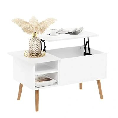 Abbildung von Furinno Jensen Wohnzimmer Couchtisch mit Holzbeinen und versteckter Ablage seitlich offener Ablage, massiv weiß