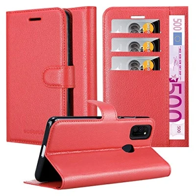 Abbildung von Cadorabo Hülle kompatibel mit Samsung Galaxy M21 / M30s Handyhülle aus Kunst Leder Flip Klappbare Stoßfeste Magnetische [Standfunktion] [Kartenfächern] Cover für Tasche in Rot