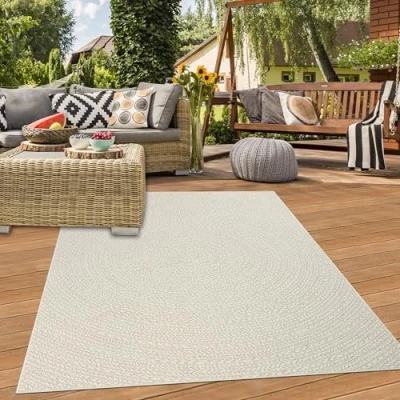 Abbildung von Teppich Traum Outdoorteppich Balkon Terrasse Wintergarten wetterfest Indoor Jute Look Linienmuster in Kreisform Creme, 140 x 200 cm