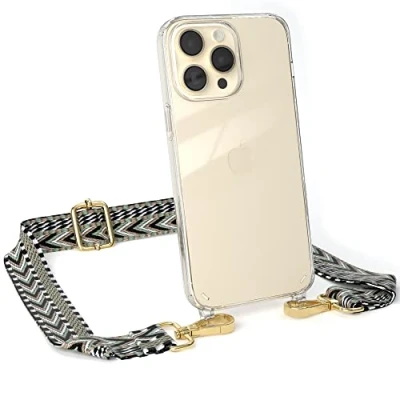 Abbildung von EAZY CASE Handykette Verstellbarer Trageriemen kompatibel mit iPhone 14 Pro Max, Schulterriemen, schmales Band, Handykordel, Riemen für Handyketten, Grün/Schwarz Metall Gold