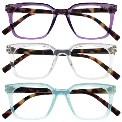 Abbildung von OPULIZE KOI Lesebrille 3er Pack Große Rechteckige Brillenfassung Violett Aqua Durchsichtig Damen, Herren Federscharniere RRR50 5CQ +3.00