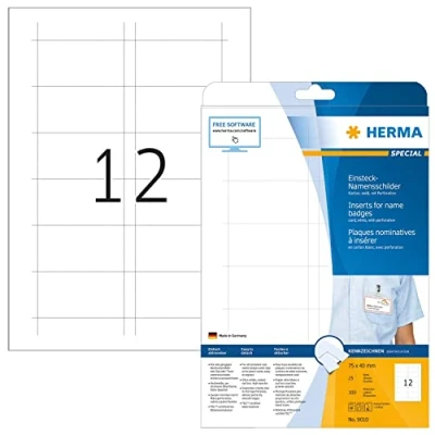 Abbildung von HERMA 9010 Namensschilder für Kleidung perforiert, 800 Blatt, 75 x 40 mm, 12 pro A4 Bogen, 9600 Stück, bedruckbar, nicht klebende Karton Einsteckkarten mit Perforation, weiß