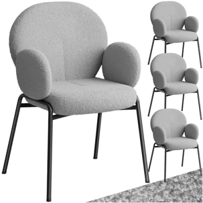Abbildung von tectake® 4er Set Esszimmer Stuhl mit Armlehne, modernes Küchenmöbel Bouclé Teddystoff Bezug, Esszimmerstühle Wohnzimmer Sessel, Dining Chair, Küchenstühle für Esstisch (hellgrau)