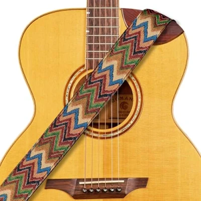 Abbildung von AMUMU Chevron Jacquard Gitarrengurt, Vintage Guitar Strap mit doppelten Premium Leder Enden, 2&quot; Breiter mehrfarbiger Baumwolle Gurt, verstellbare Länge 36&quot; bis 62&quot; für E Gitarre, Akustikgitarre &amp; Bass