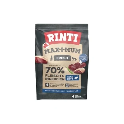 Abbildung von Rinti Max i Mum Trockenfutter für ausgewachsene Hunde mit 70% Fleisch &amp; Innereien. Getreidefreies Alleinfutter im Beutel ausgewogenem Protein /Fett Verhältnis 2x4kg Ente