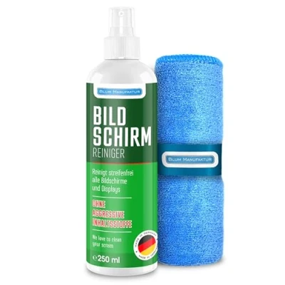 Abbildung von Blum Manufaktur 250ml Bildschirmreiniger + 30x30 cm Mikrofasertuch Screen Cleaner Display Reiniger Absolut streifenfreie Reinigung von Handy, Laptop, PC, TV