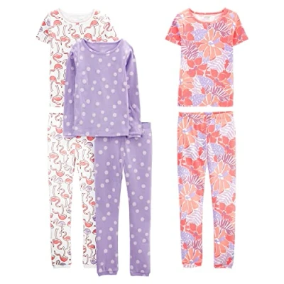 Abbildung von Simple Joys by Carter&#039;s Mädchen 6 Piece Snug Fit Cotton Pajama Pyjama Set, Lila Punkte/Weiß Flamingo/Floral, 5 Jahre (3er Pack)