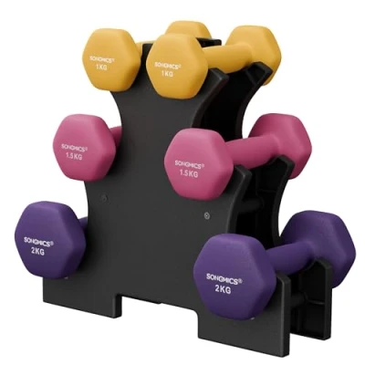 Abbildung von SONGMICS Kurzhantel Set, Hexagon, mit Hantelständer, 2 x 1 kg, 1,5 mattes Finish, Neopren Beschichtung, Krafttraining, zu Hause, limettengrün, gelb, rosa und lila SYL609B02