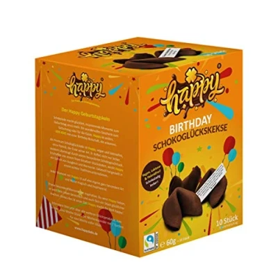 Abbildung von Happy Birthday, Schokoglückskeks, vegan, in einer 10er Box, mit inspirierenden Botschaften (1 Box = 10 Glueckskekse à 6g)